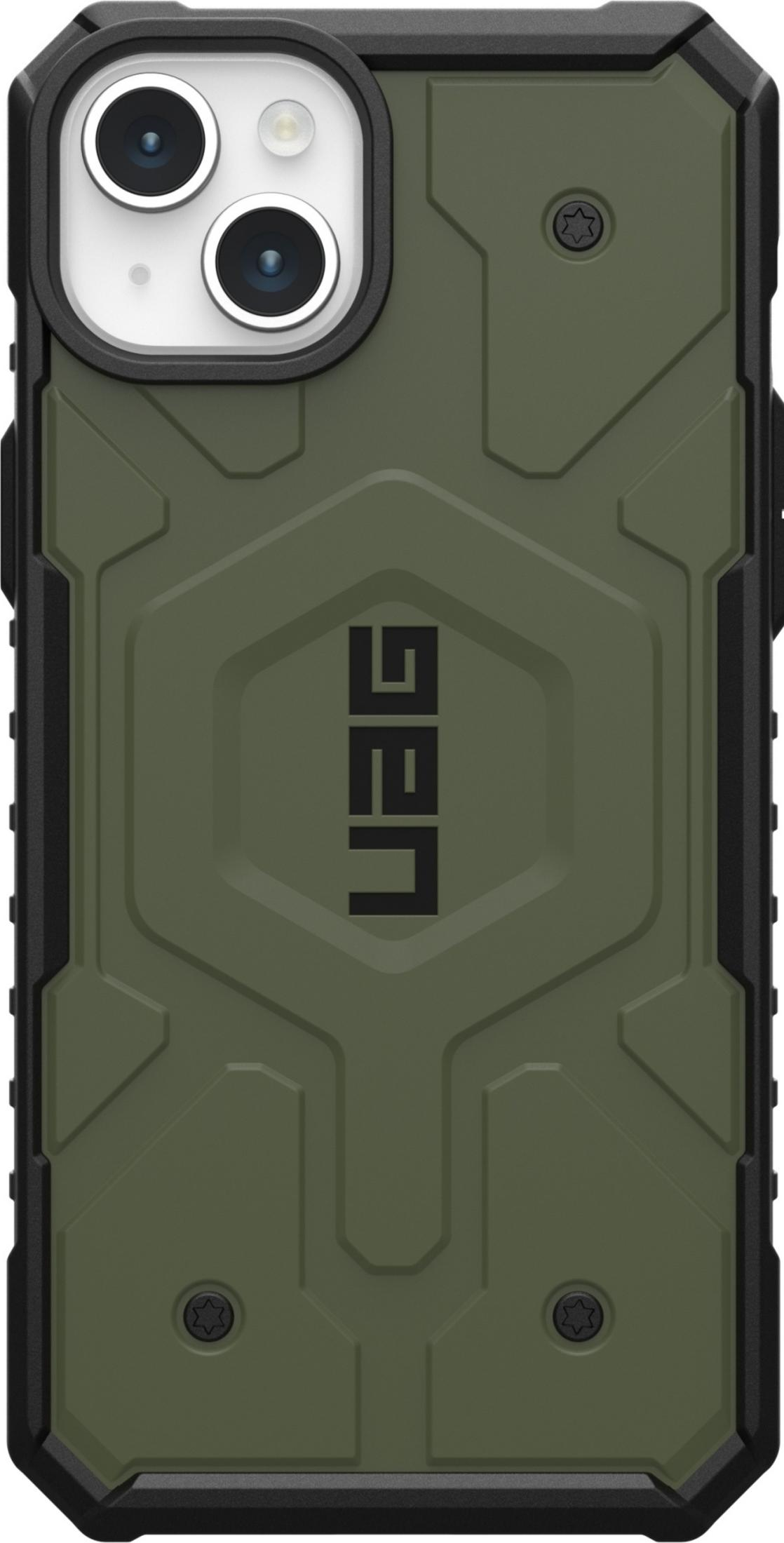 Funda de teléfono verde con marco negro y tres lentes de cámara.
