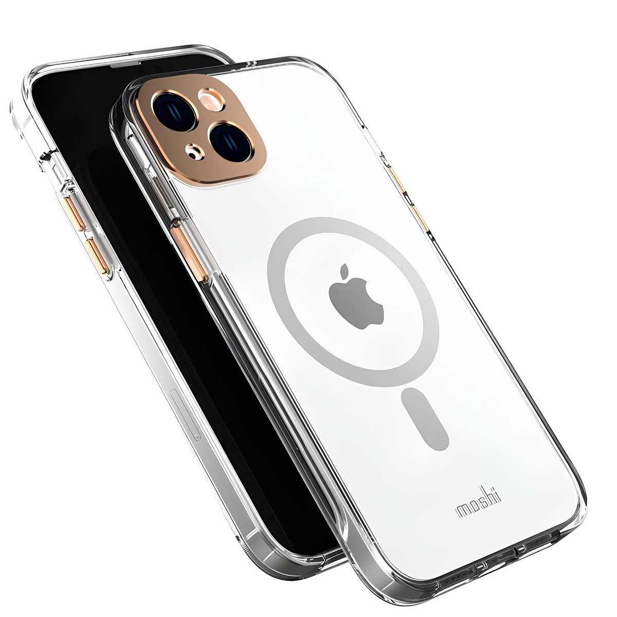 Custodia trasparente per telefono con logo Apple e anello MagSafe su un iPhone.