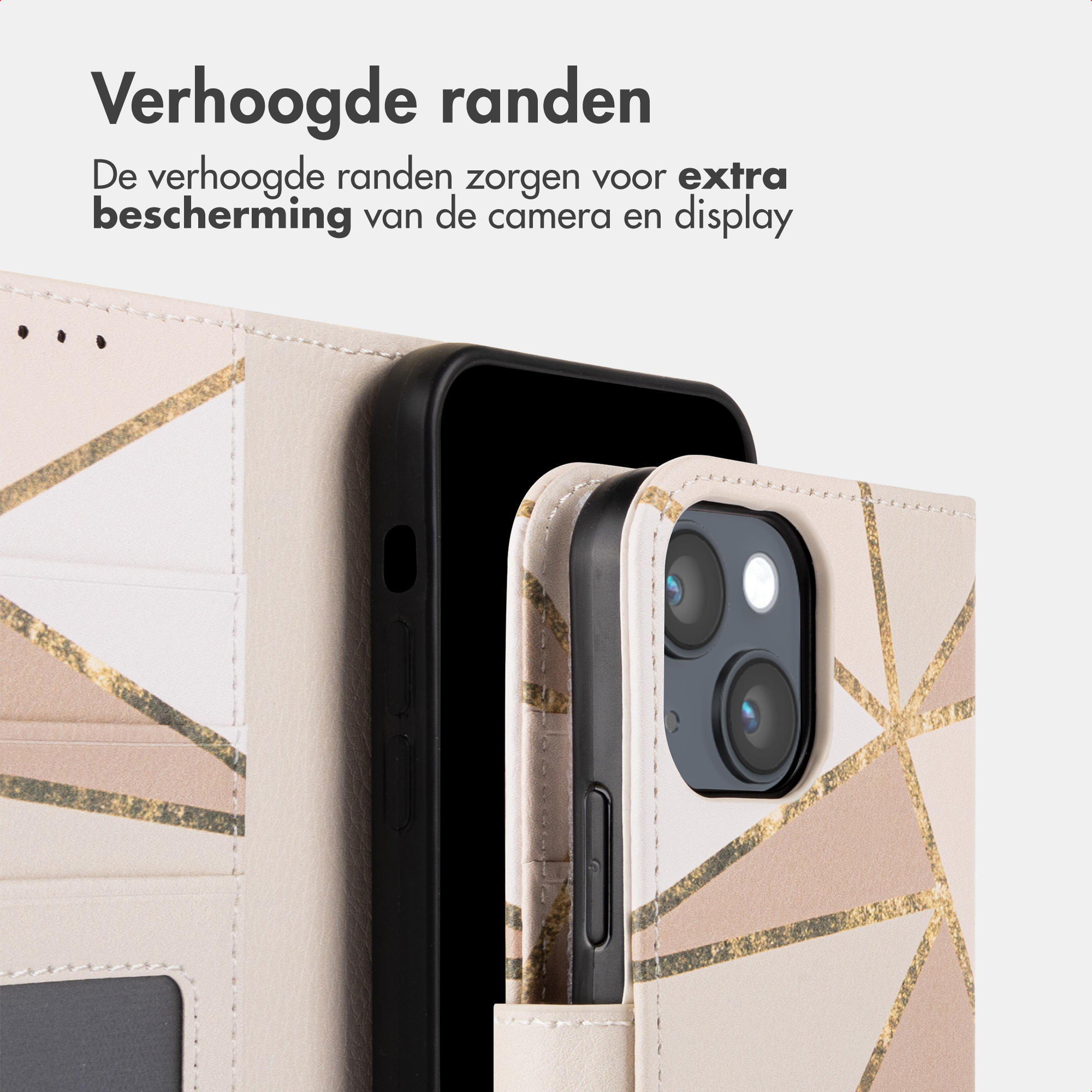 Custodia per telefono beige chiaro con motivo geometrico e accenti dorati.