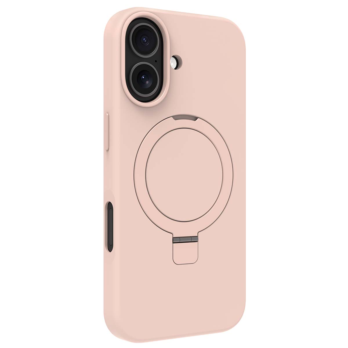 Una custodia rosa per telefono con due fotocamere e un anello di supporto integrato.
