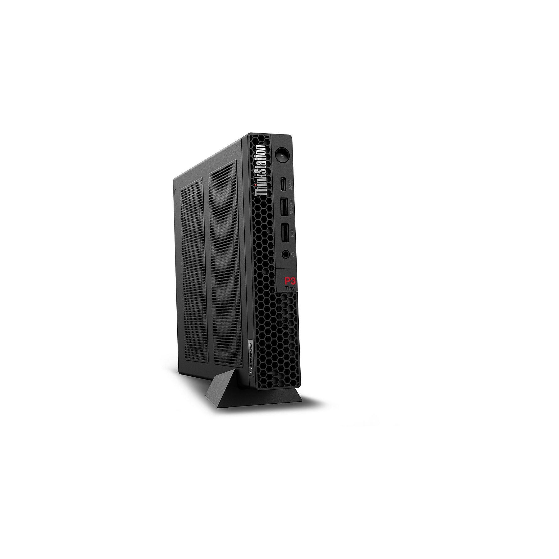 PC nero Lenovo ThinkStation P3 Tiny su supporto, vista frontale.