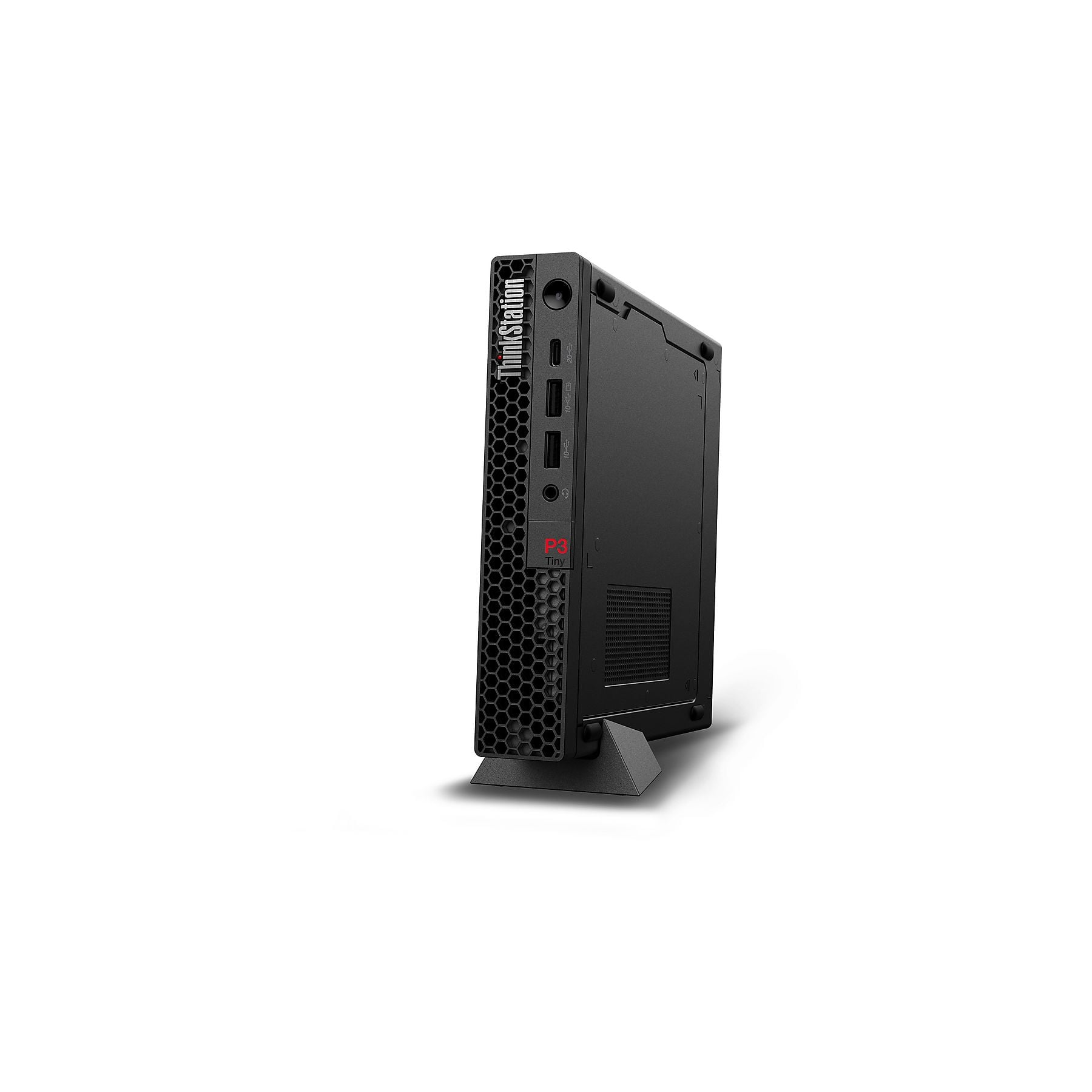 Un PC desktop nero e compatto Lenovo ThinkStation P3 Tiny su un supporto.