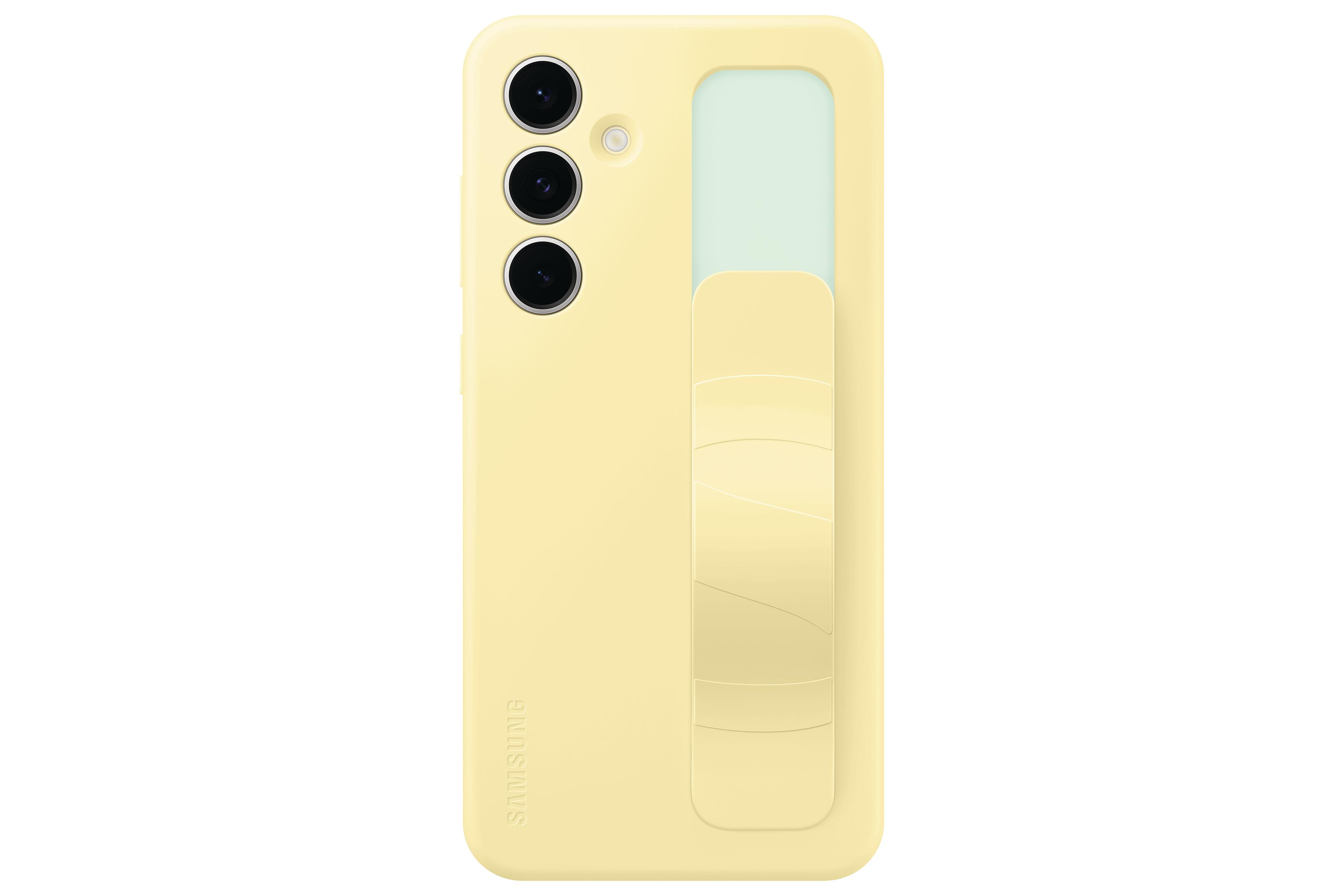 Custodia gialla chiara per telefono con tre fotocamere e un cavalletto.
