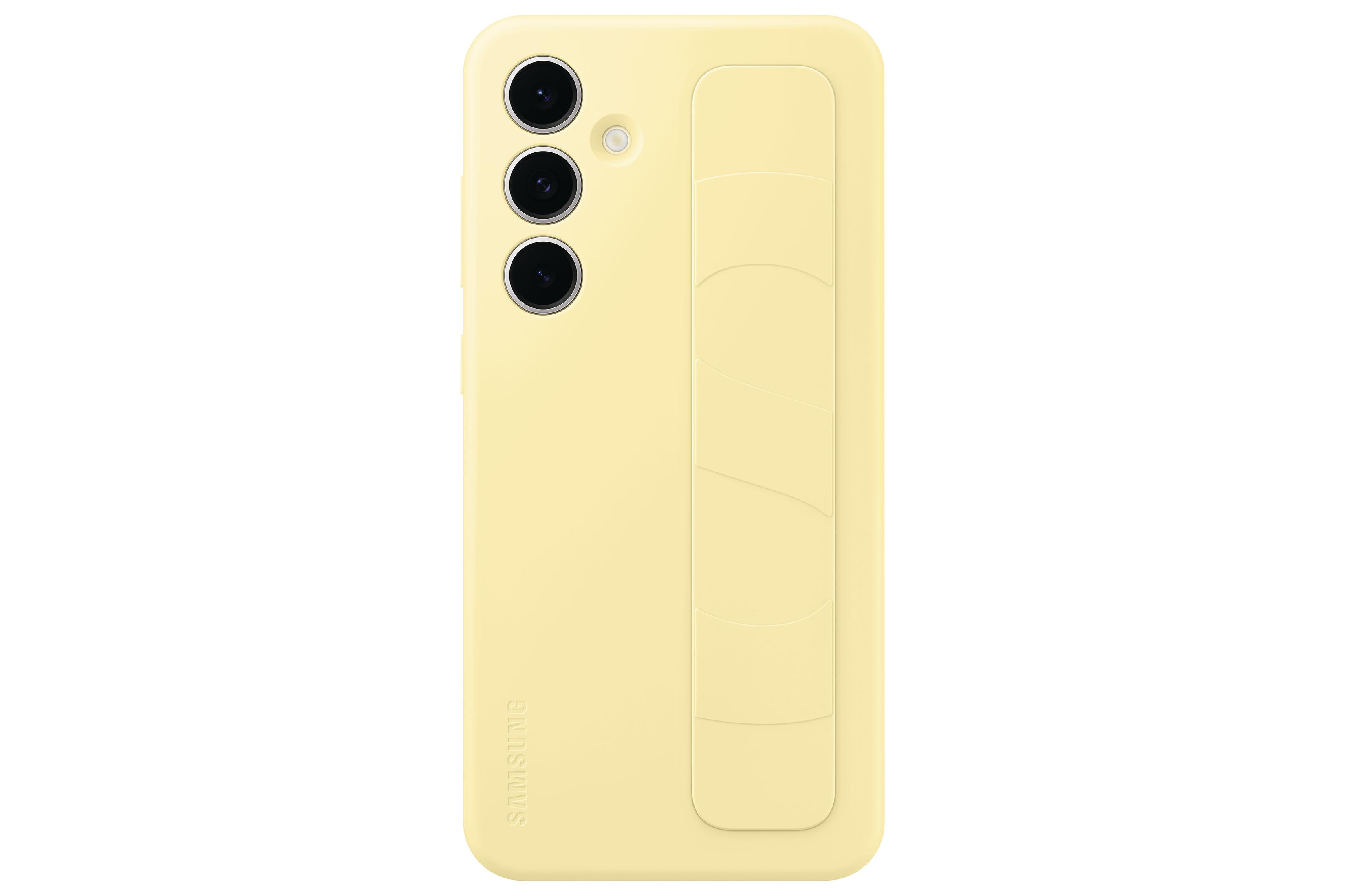 Custodia gialla chiara per telefono con tre fotocamere e scanalature verticali.