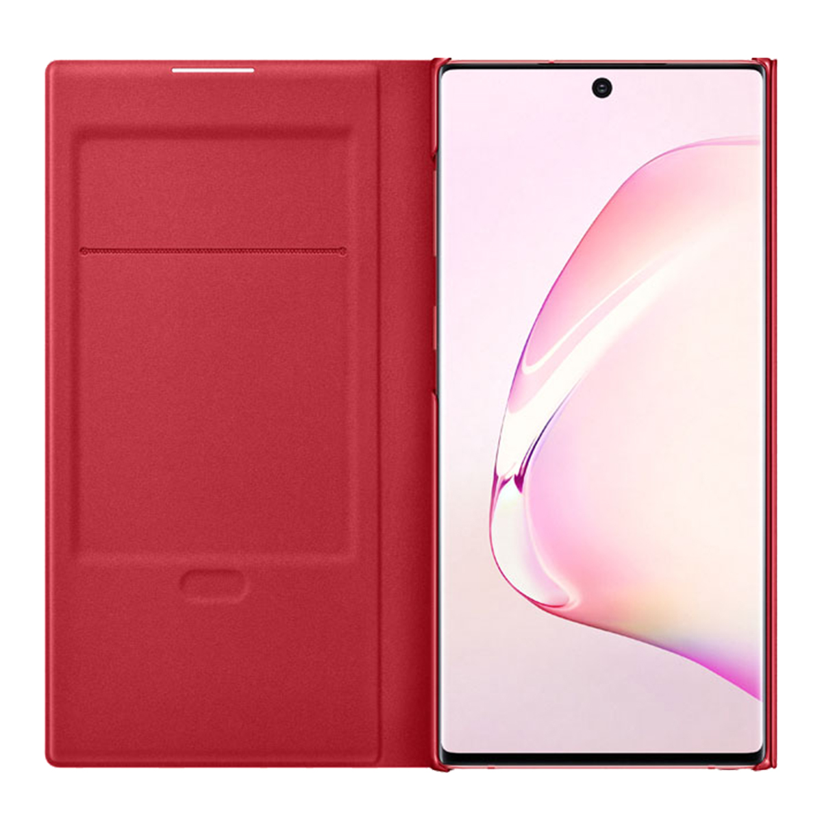 Rotes Smartphone mit geöffneter Hülle, die eine Tasche und Nähte zeigt.