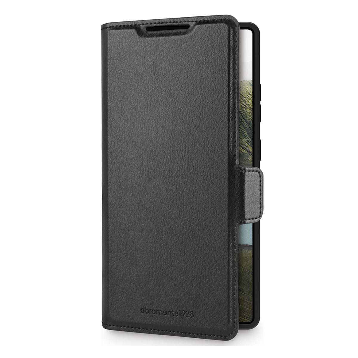 Custodia a libro in pelle nera per smartphone, con logo sul fronte.