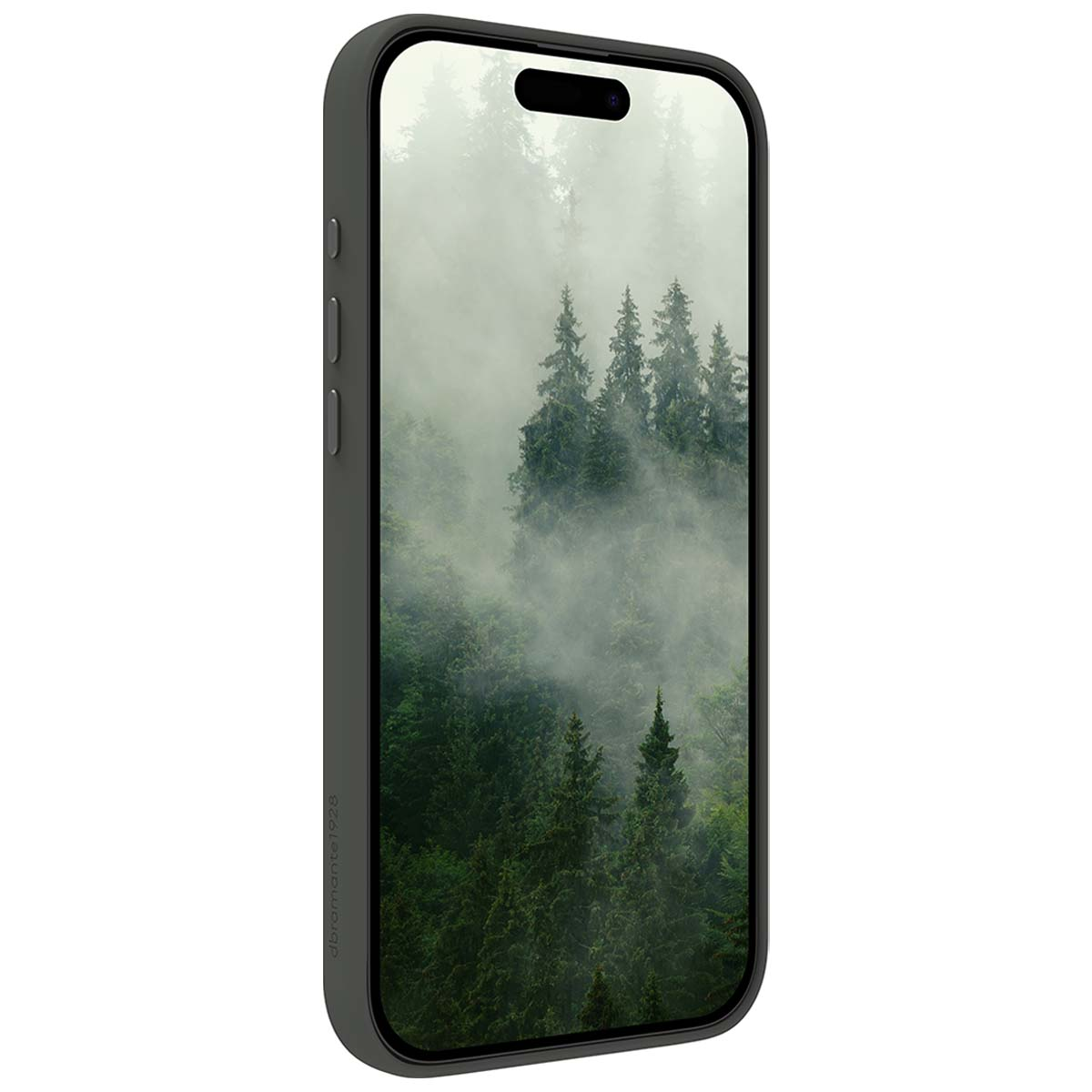 Ein iPhone mit einem Waldmotiv im Nebel auf dem Bildschirm.