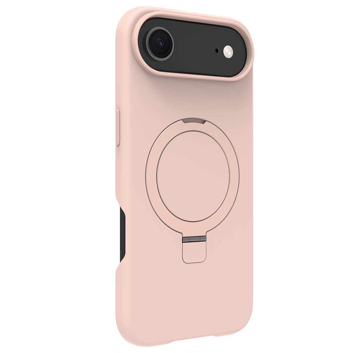 Una cover per telefono rosa con anello di supporto integrato e ritaglio fotocamera.