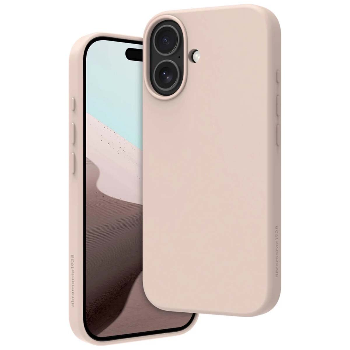 Una custodia rosa pallido copre uno smartphone con due fotocamere.