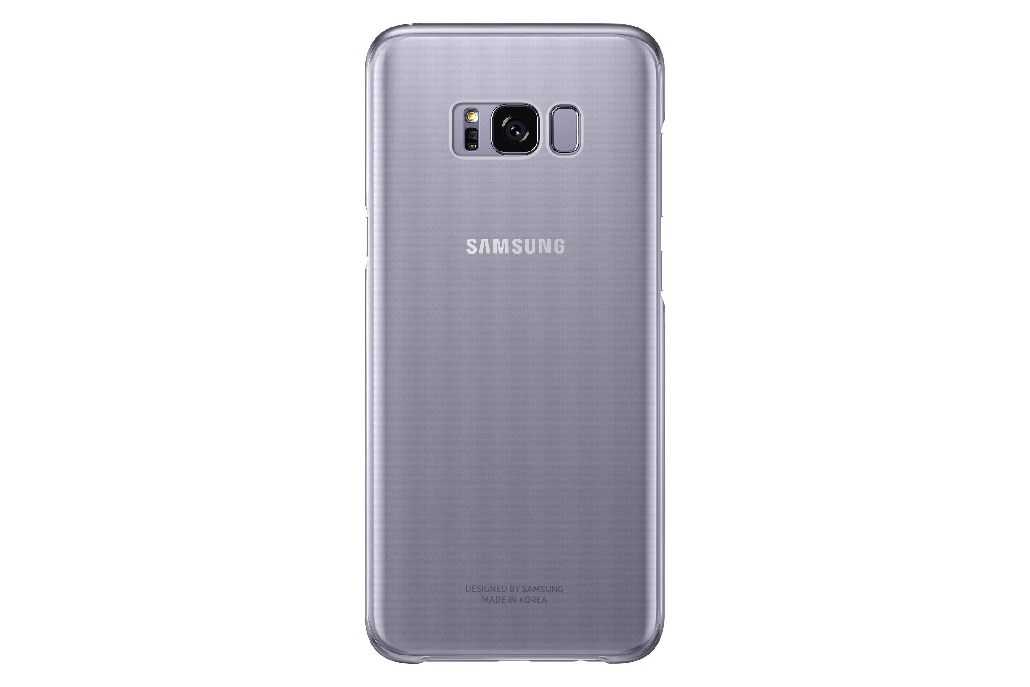 Una cover grigia trasparente per Samsung con logo e foro fotocamera.
