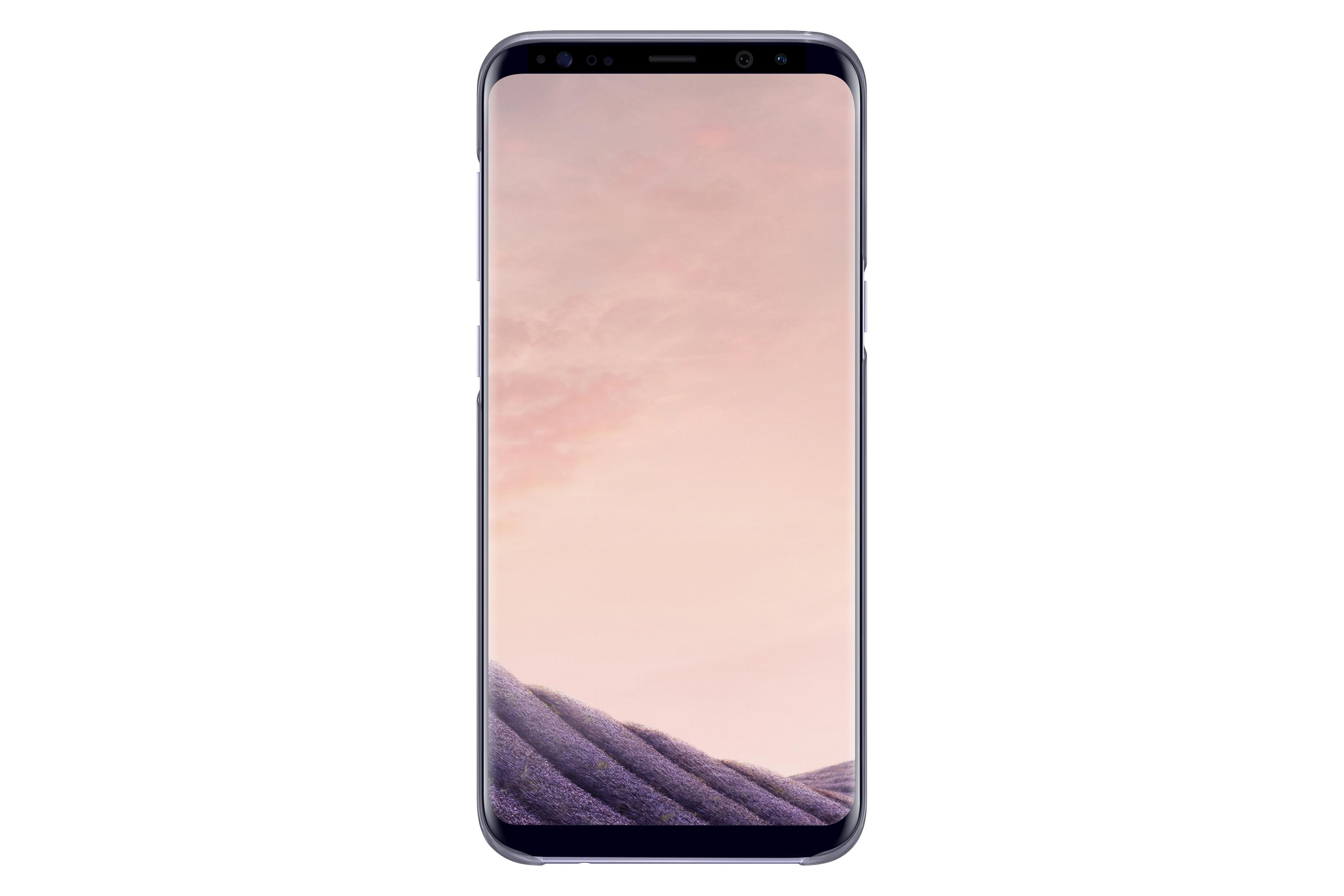 Uno smartphone scuro con uno sfondo di campi di lavanda e cielo rosa.