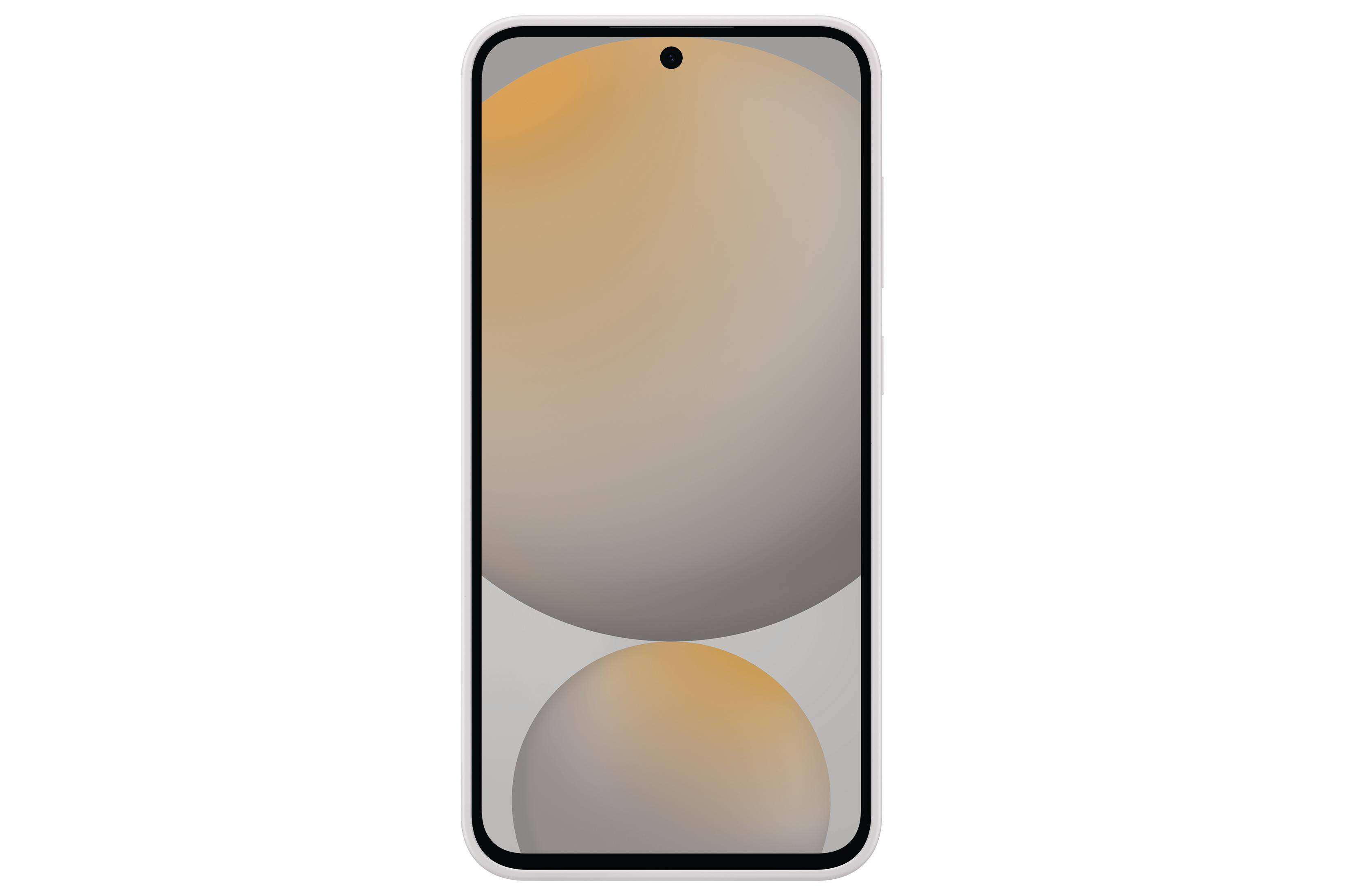 Uno smartphone con sfere sfumate arancioni e grigie su sfondo bianco.