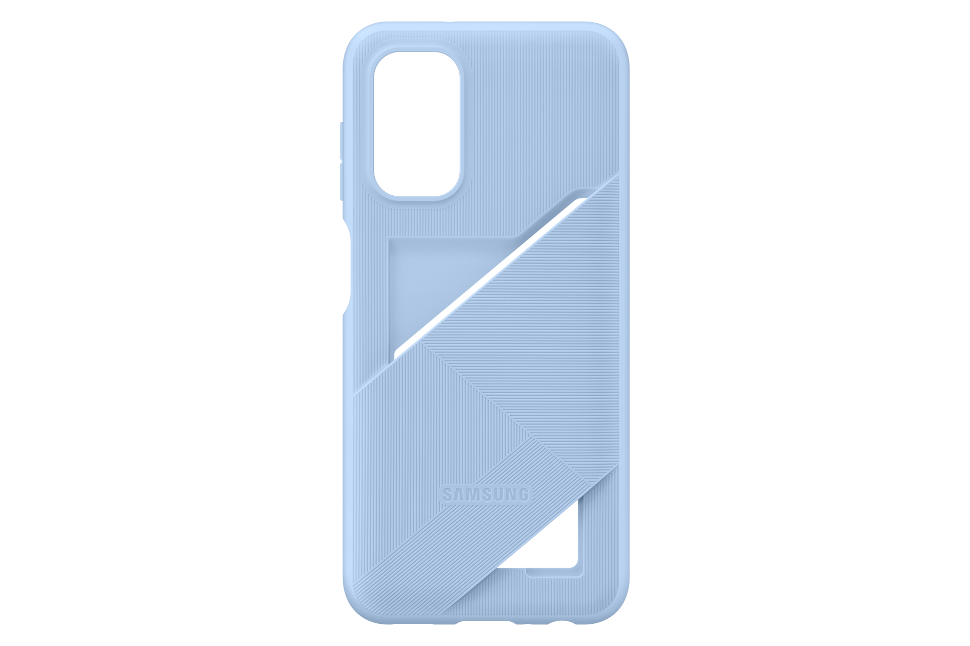 Una funda de teléfono azul claro con textura acanalada y ranura para tarjetas.