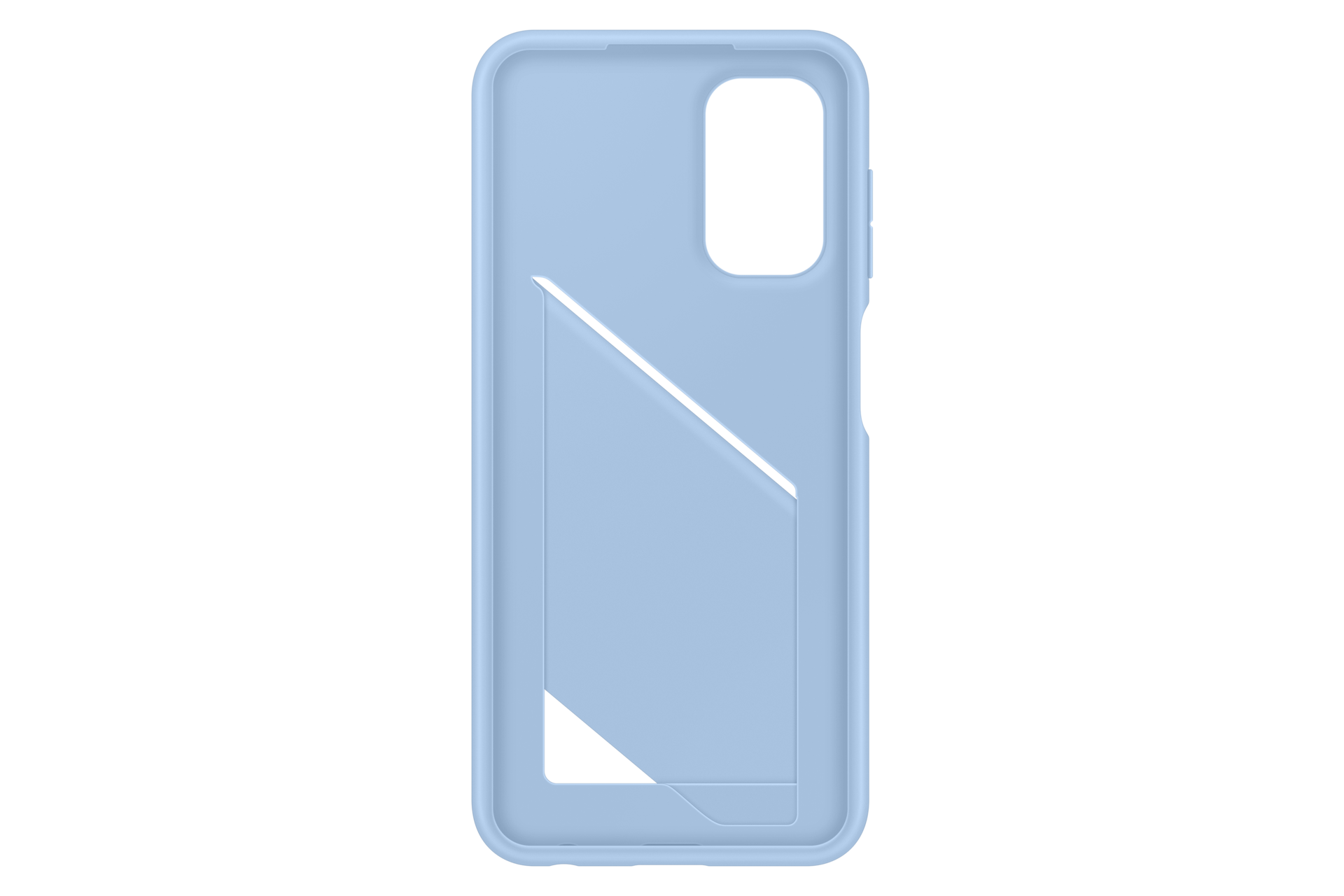 Funda de teléfono azul claro con ranura para tarjetas y recorte para cámara.