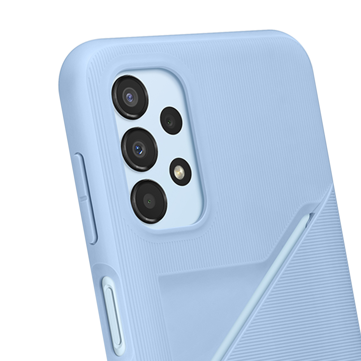 Funda azul claro para teléfono con configuración de cuádruple cámara y textura acanalada.