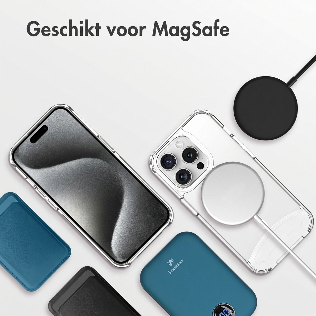 iPhone, cover, caricatore e accessori su sfondo bianco.