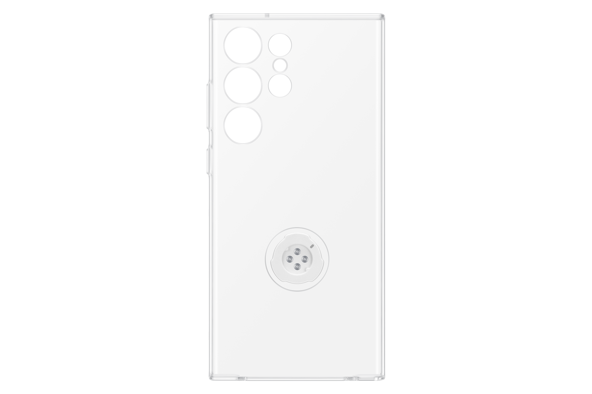 Custodia trasparente per telefono con lenti della fotocamera e meccanismo di aggancio circolare.