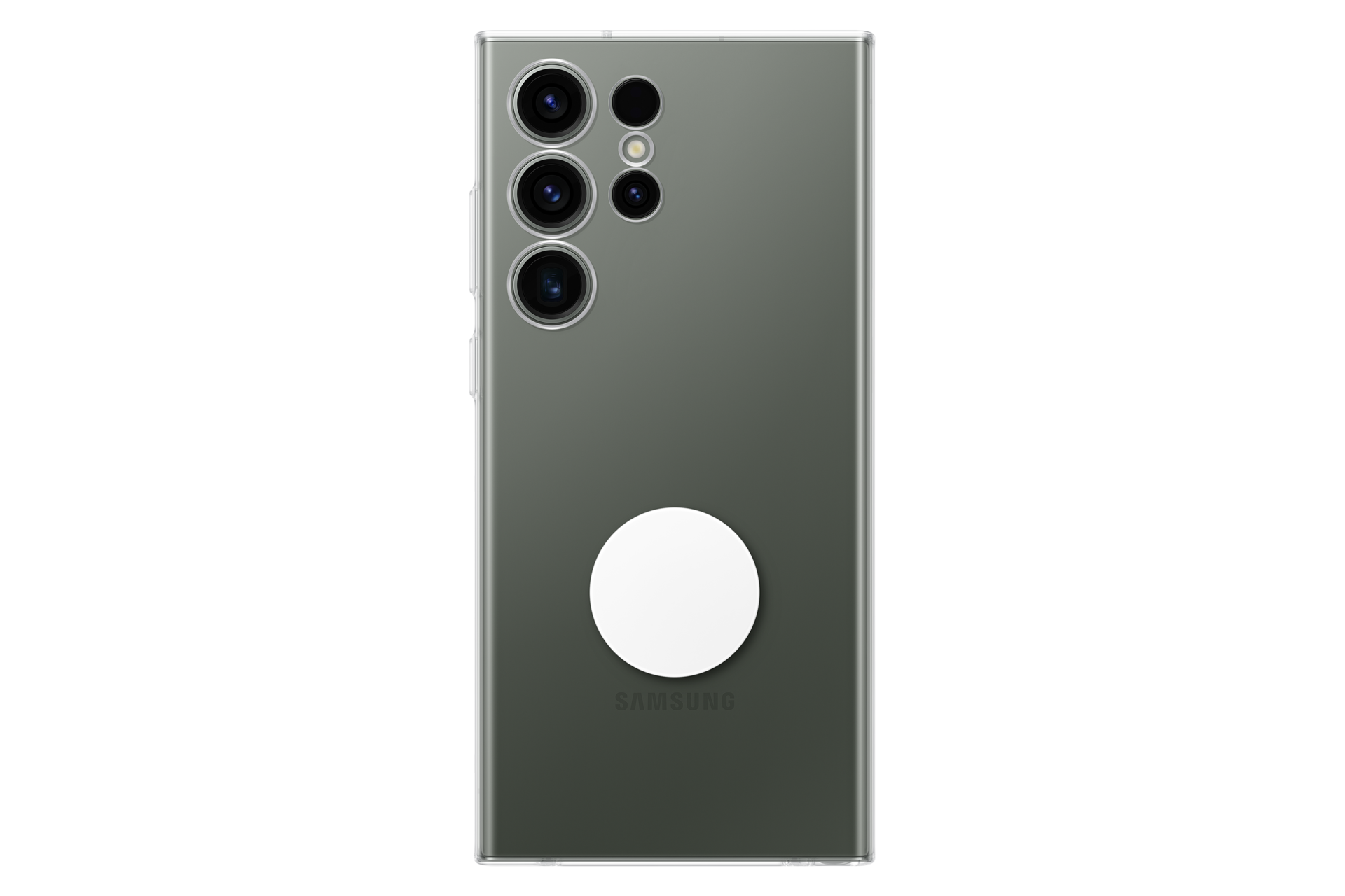 Retro di un telefono Samsung grigio con quattro fotocamere e un cerchio bianco.