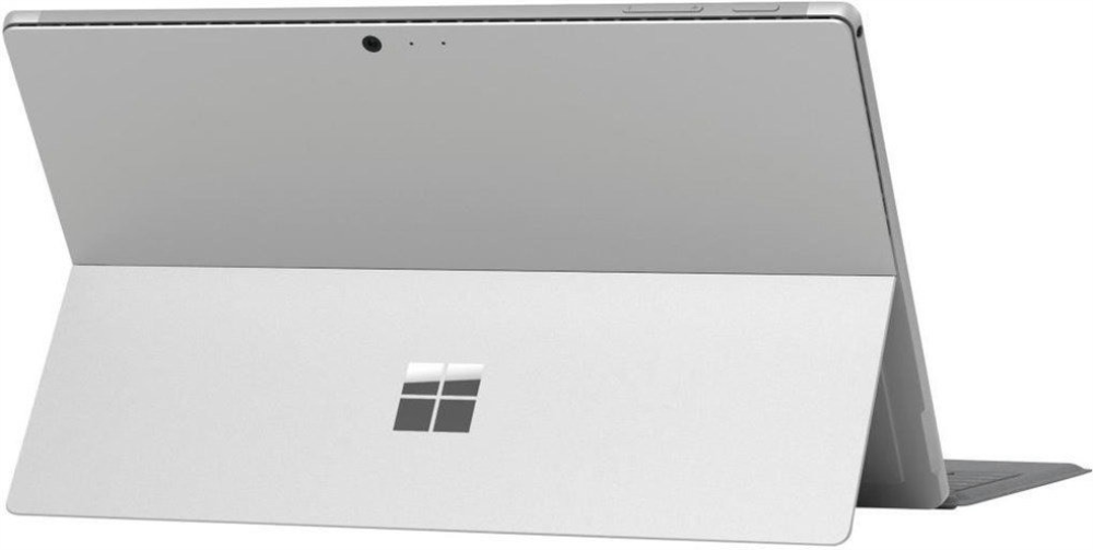 Ein silbernes Tablet mit ausklappbarem Ständer und Windows-Logo.