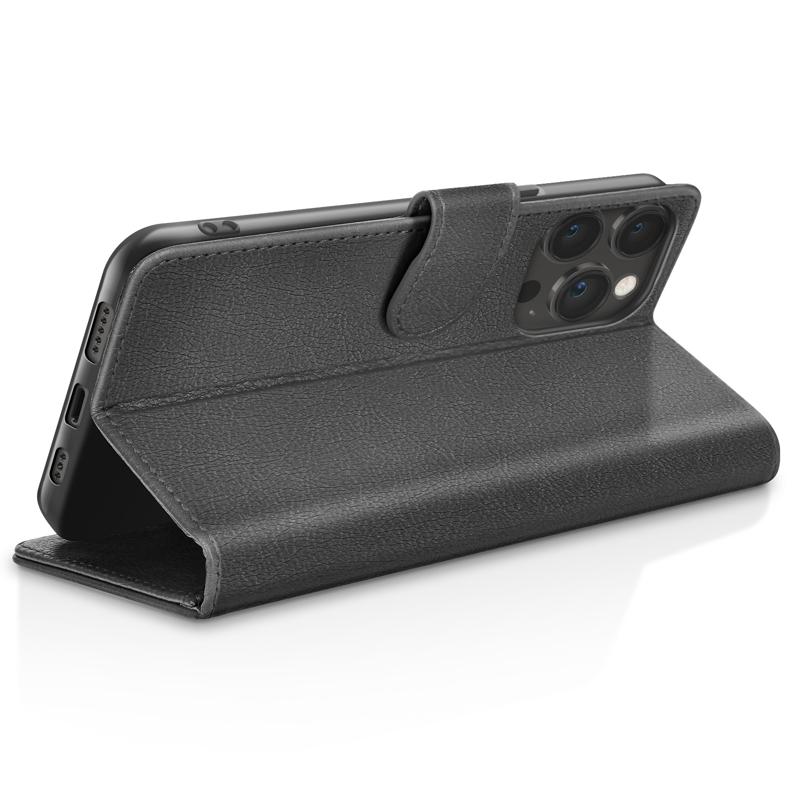 Una custodia a libro in pelle nera per smartphone, in piedi sul lato.