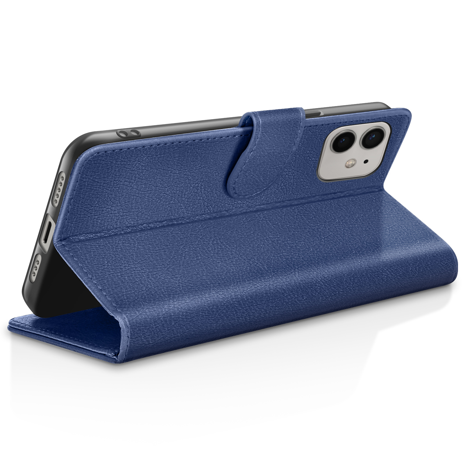Una custodia a libro in pelle blu per smartphone, su sfondo bianco.