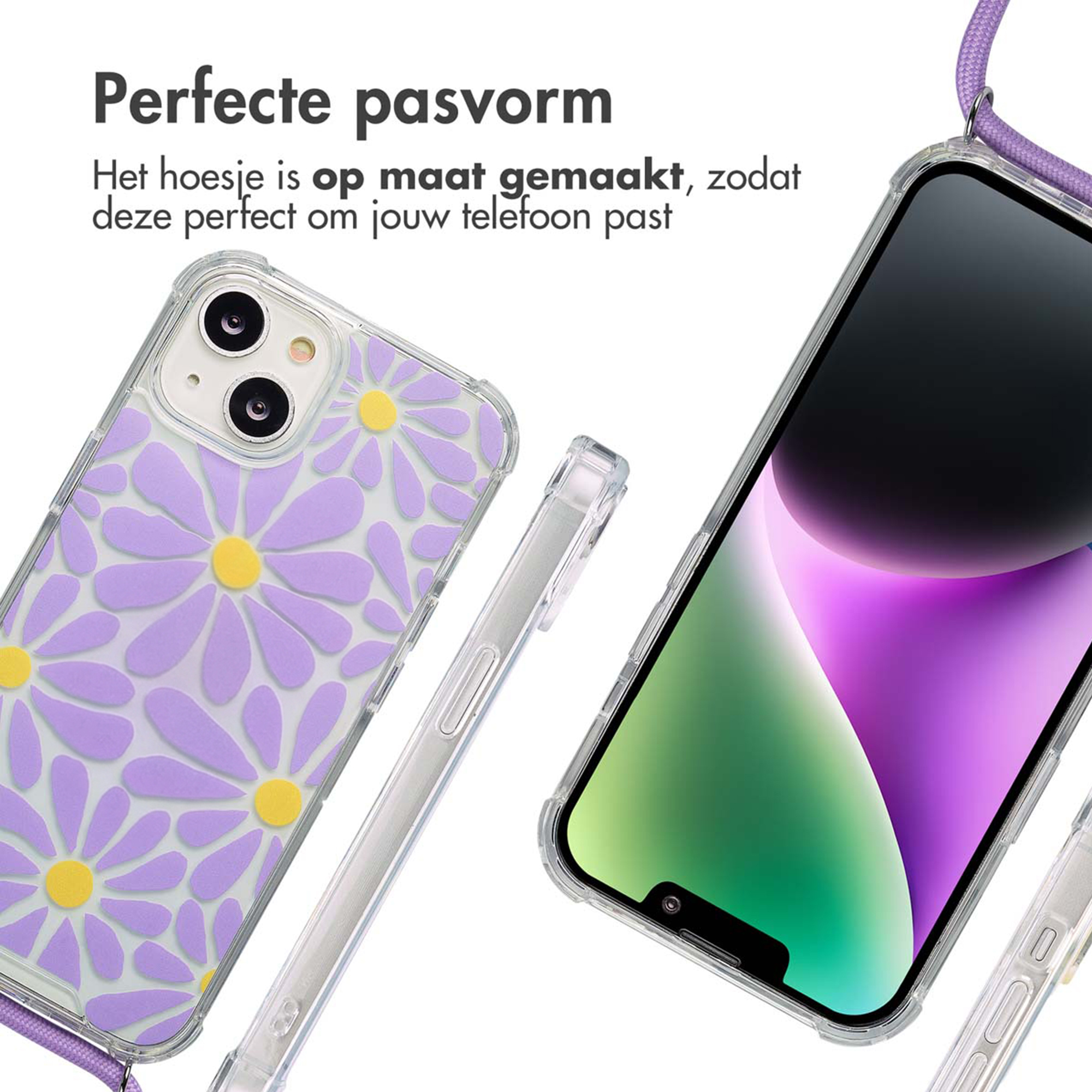 Coque de téléphone transparente à motif floral violet et cordon.