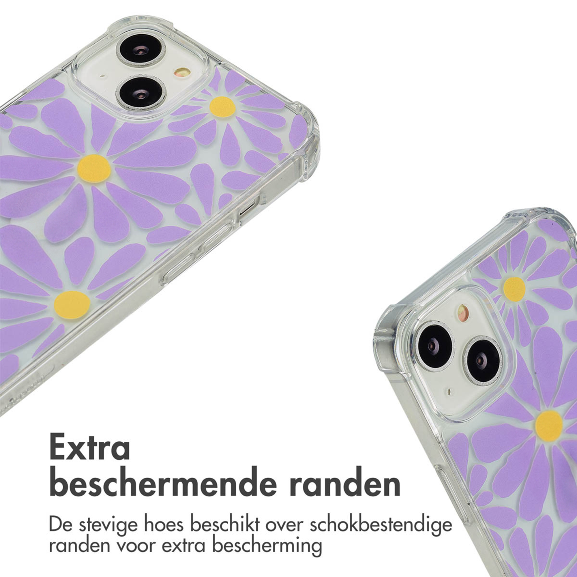 Coque de téléphone transparente à motif de fleurs violettes et centres jaunes.