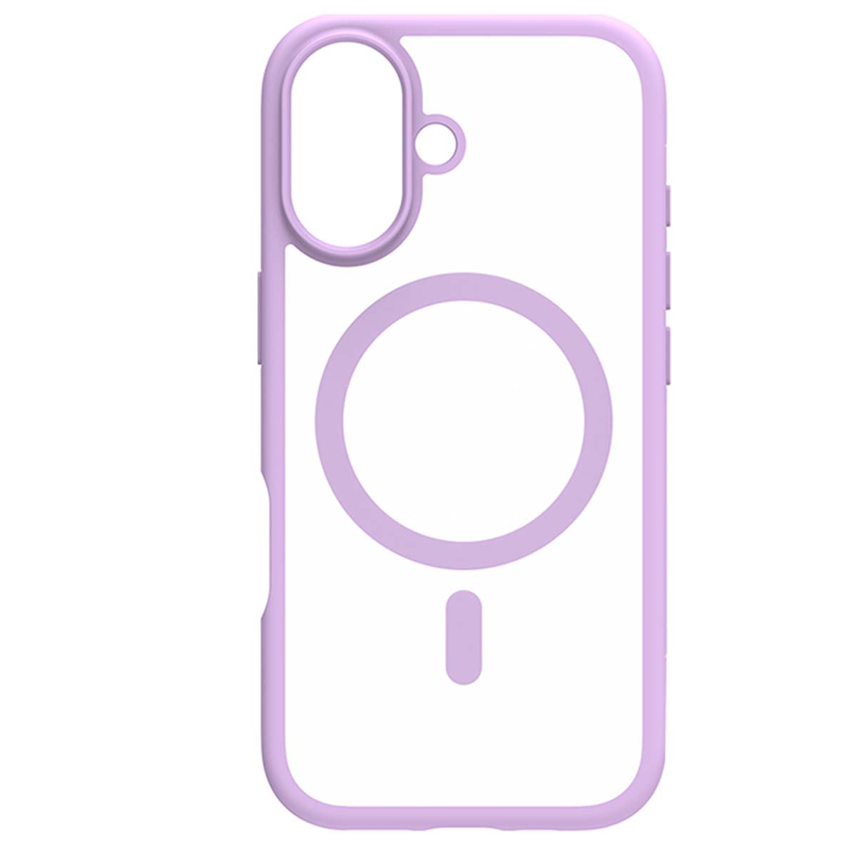 Custodia trasparente per telefono con bordo viola e anello MagSafe.
