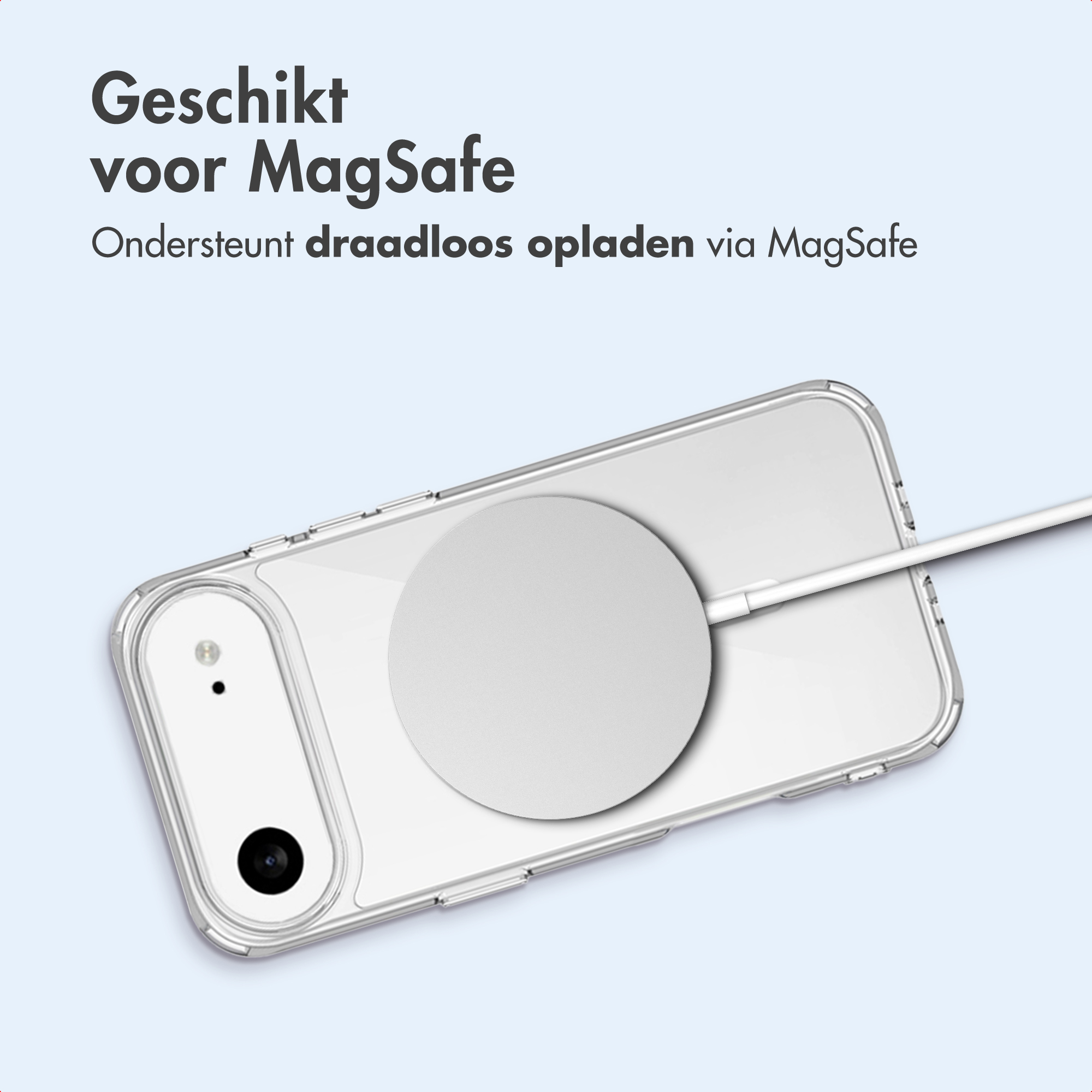 Telefono trasparente con caricabatterie e cavo MagSafe.