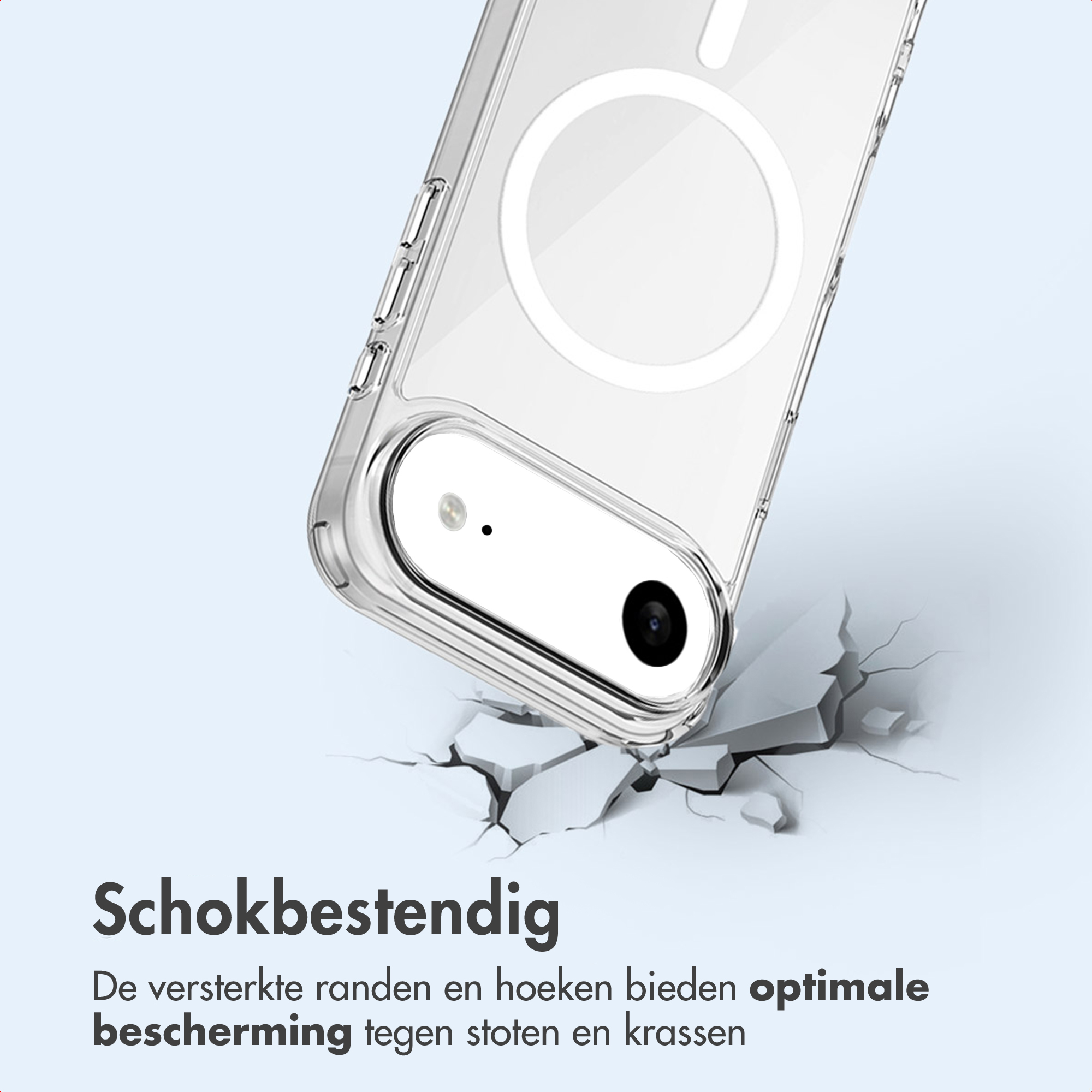 Custodia trasparente per telefono con anello magnetico che cade su superficie incrinata.