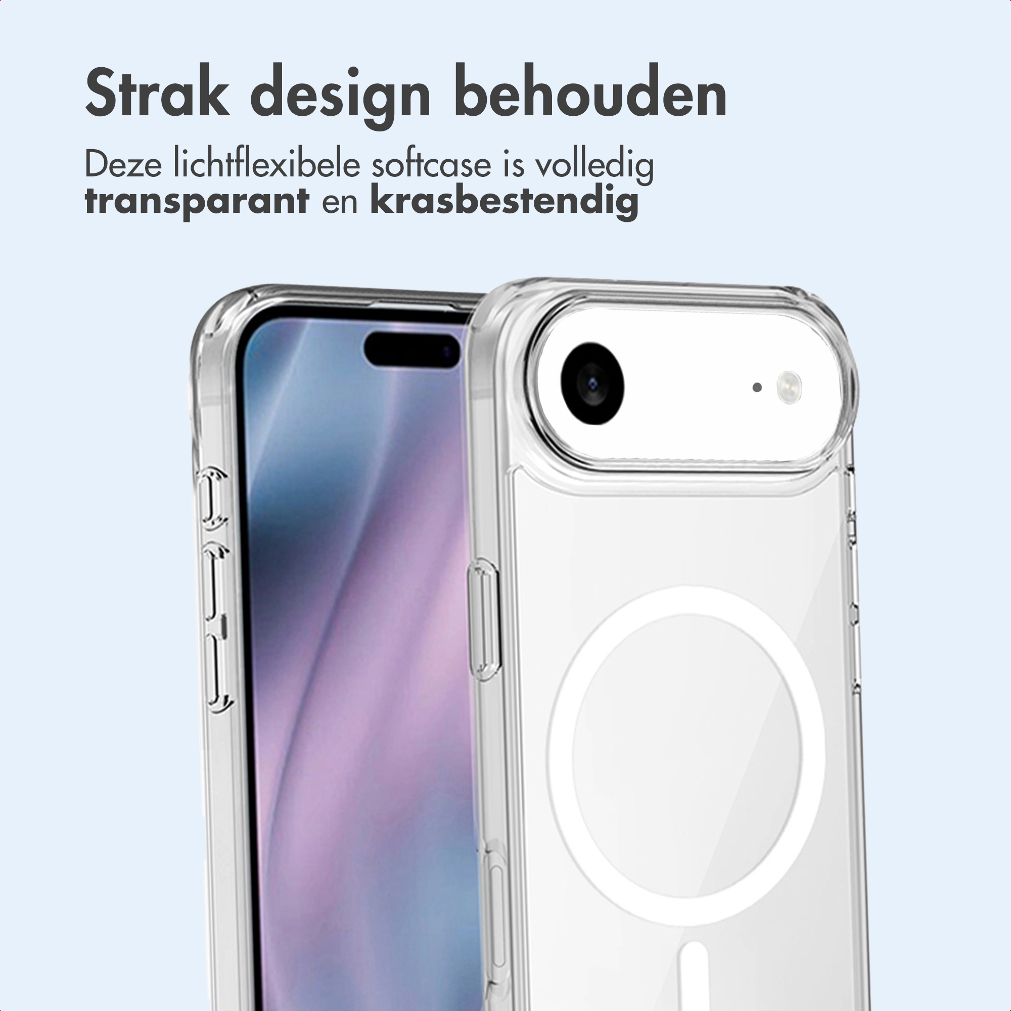 Custodia trasparente con anello MagSafe su un telefono.