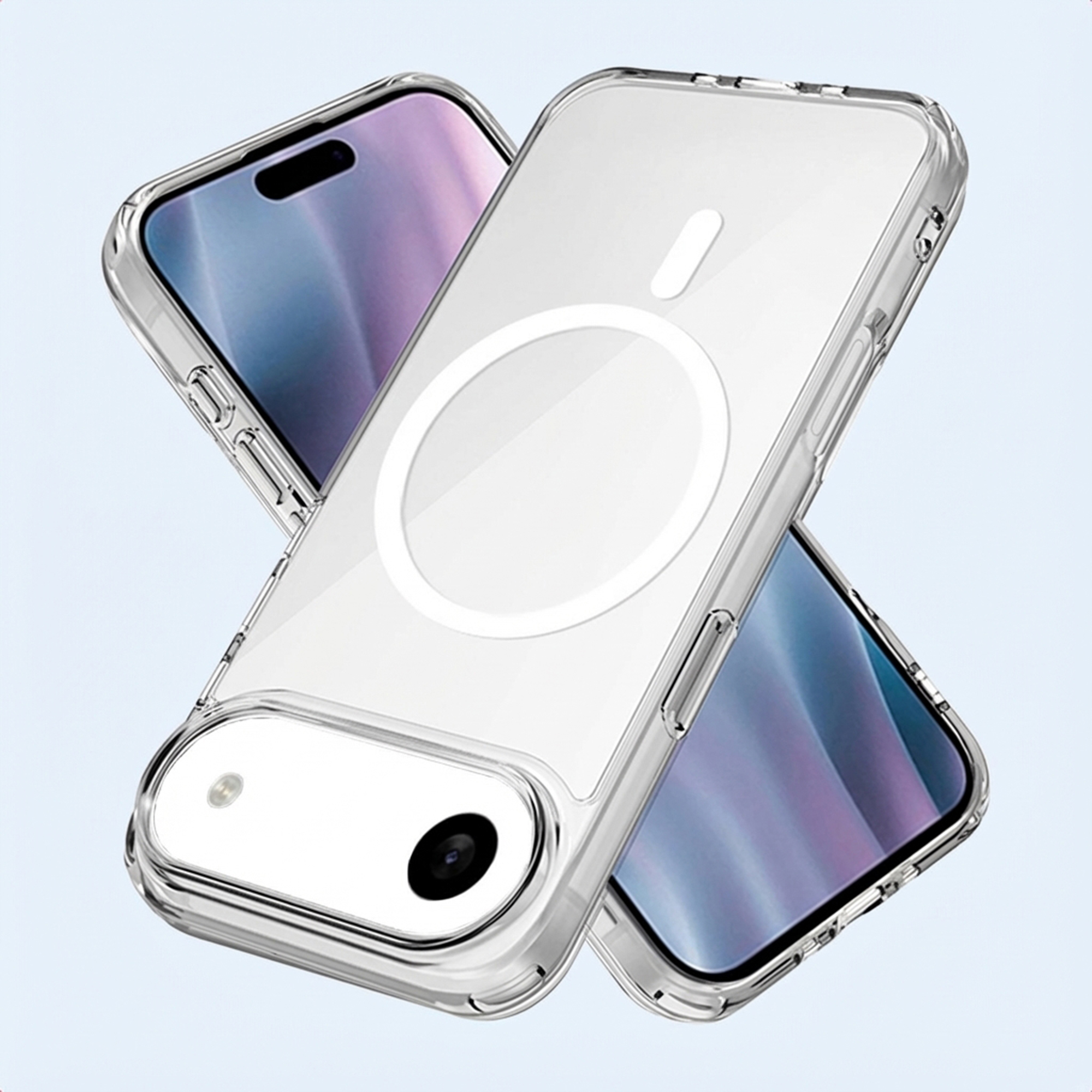 Due custodie trasparenti per telefono con anello magnetico, sovrapposte.