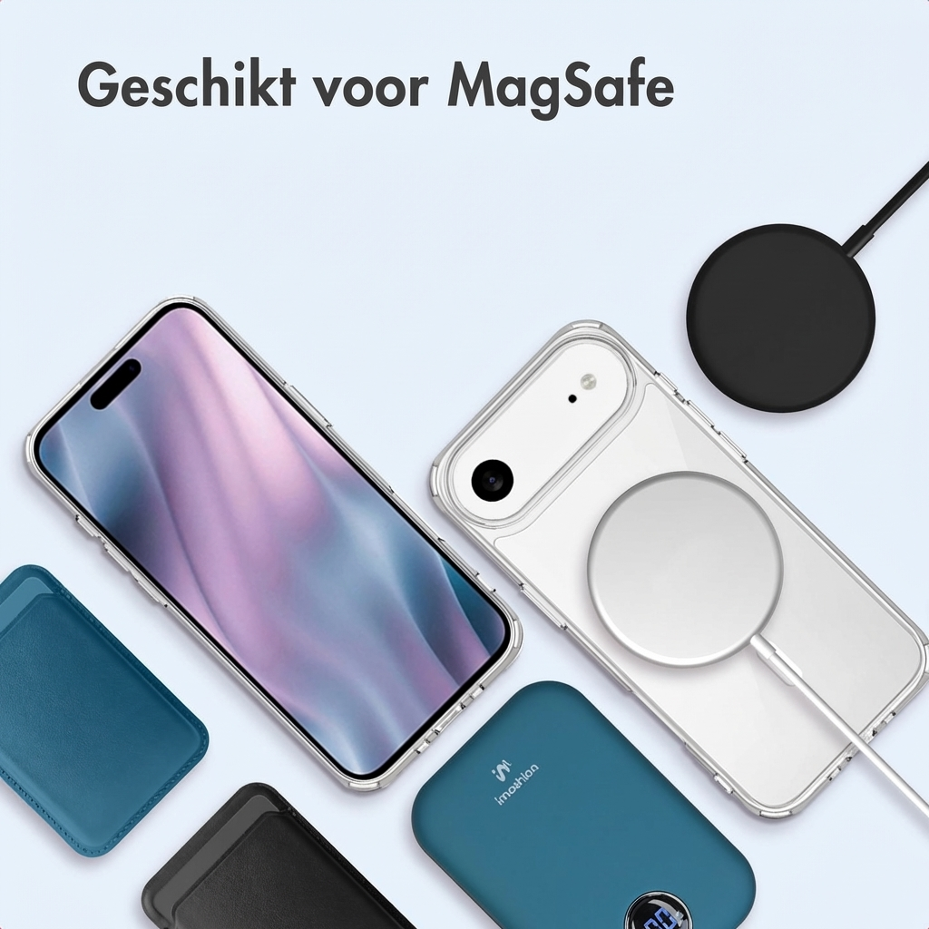 Uno smartphone con custodia MagSafe, power bank e caricatore su sfondo chiaro.