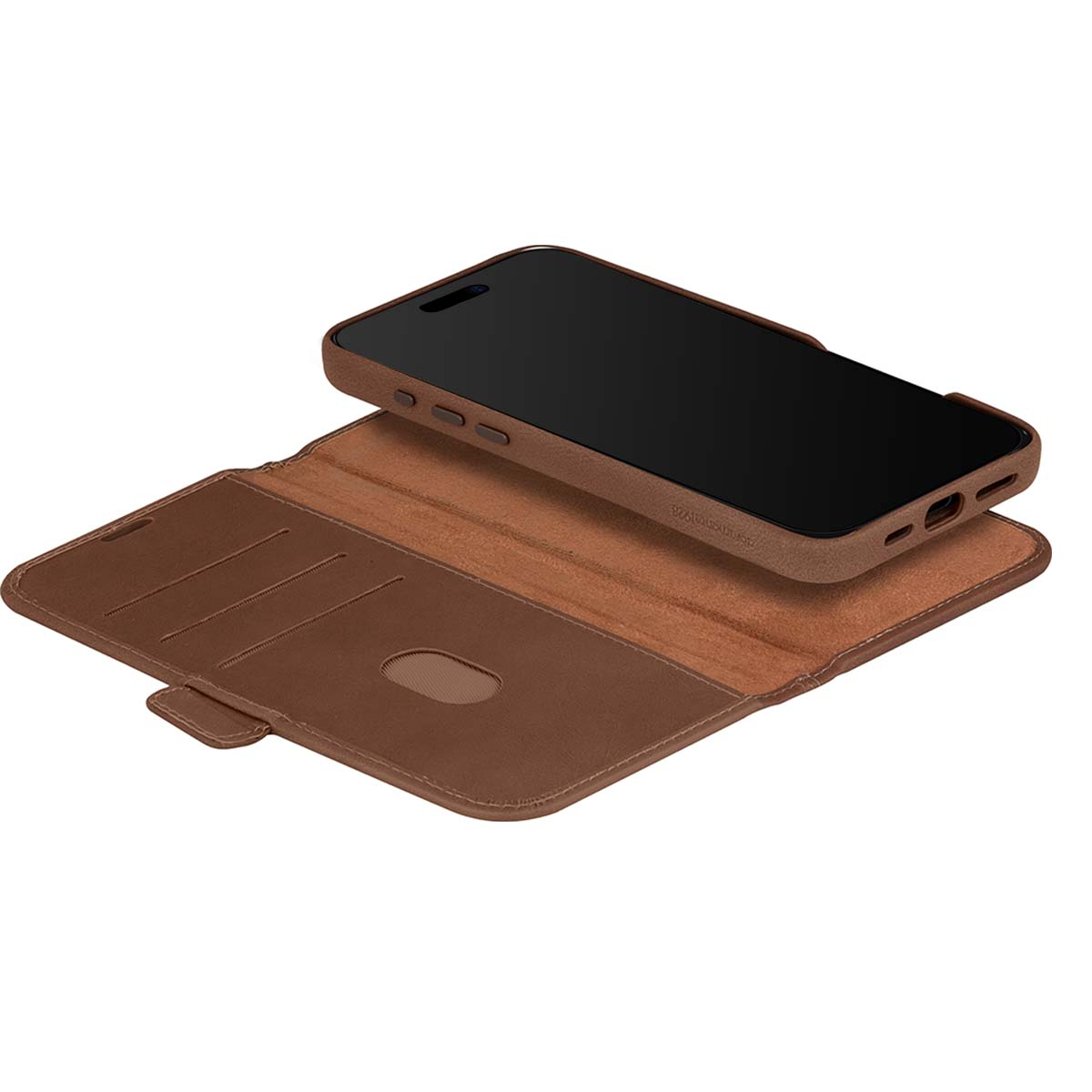 Custodia a libro in pelle marrone per smartphone, su sfondo bianco.