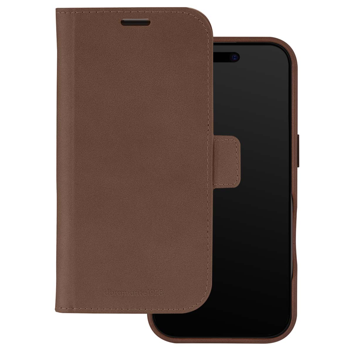 Custodia in pelle marrone per smartphone, socchiusa.