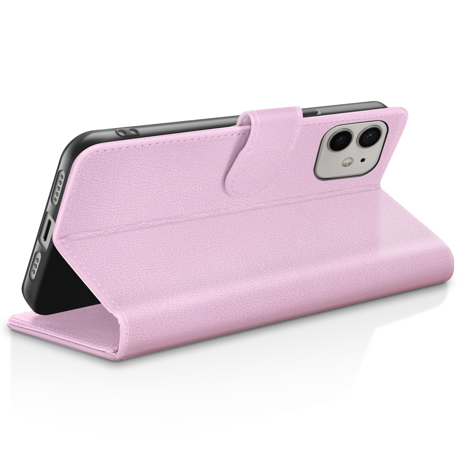 Una custodia rosa chiaro per telefono con patta che copre il telefono.
