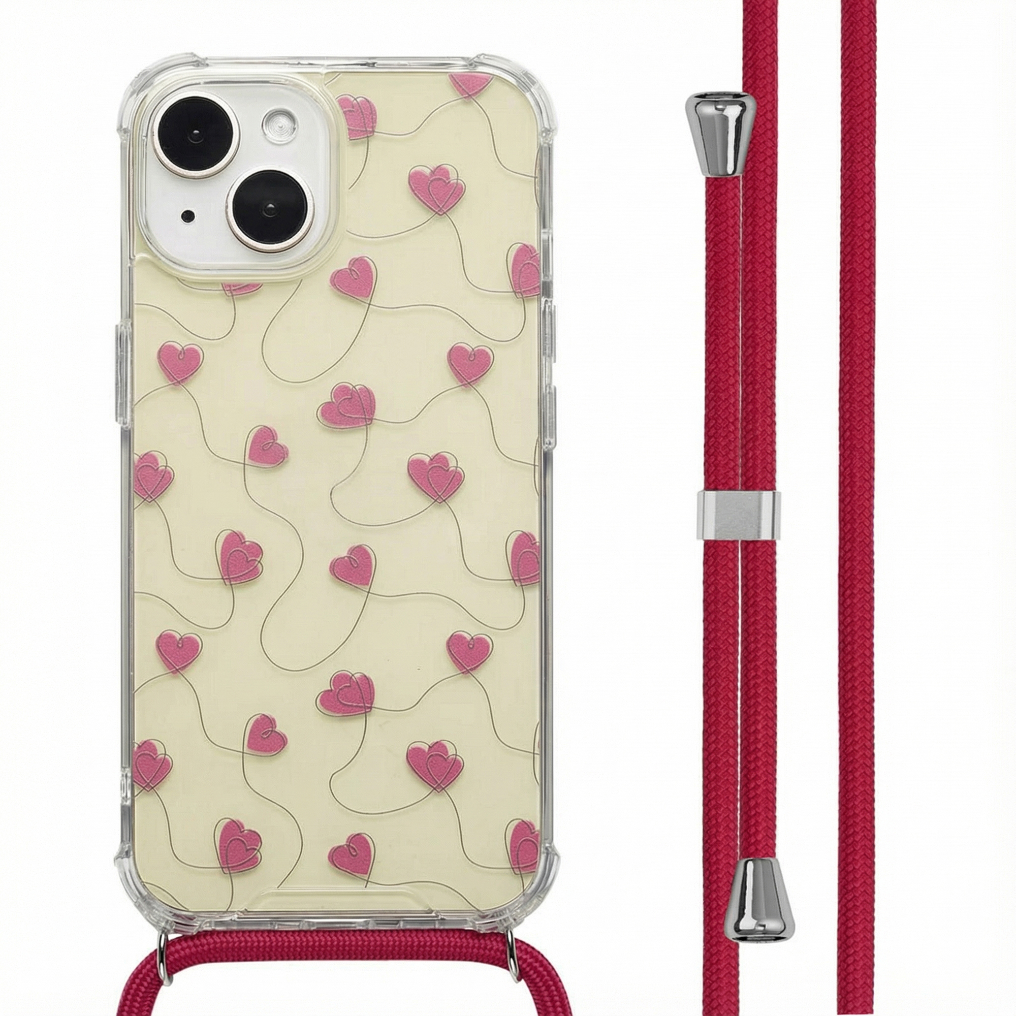 Clear phone case with pink hearts on yellow background and red cord.