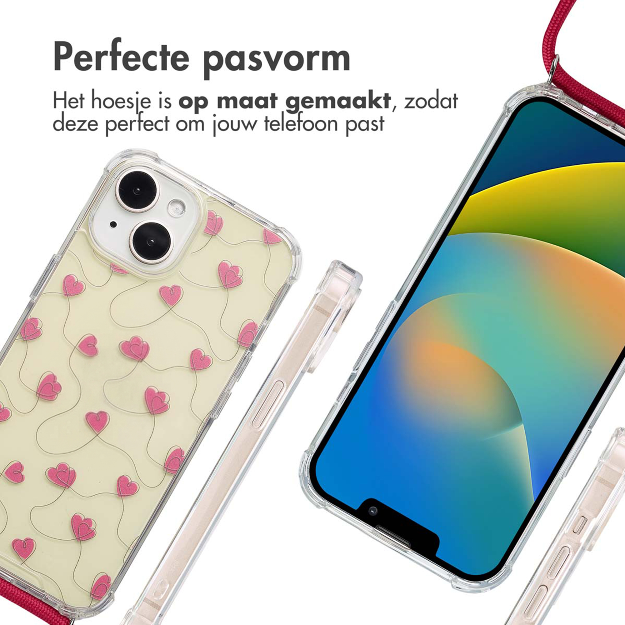 Clear phone case with pink hearts and a red strap.
