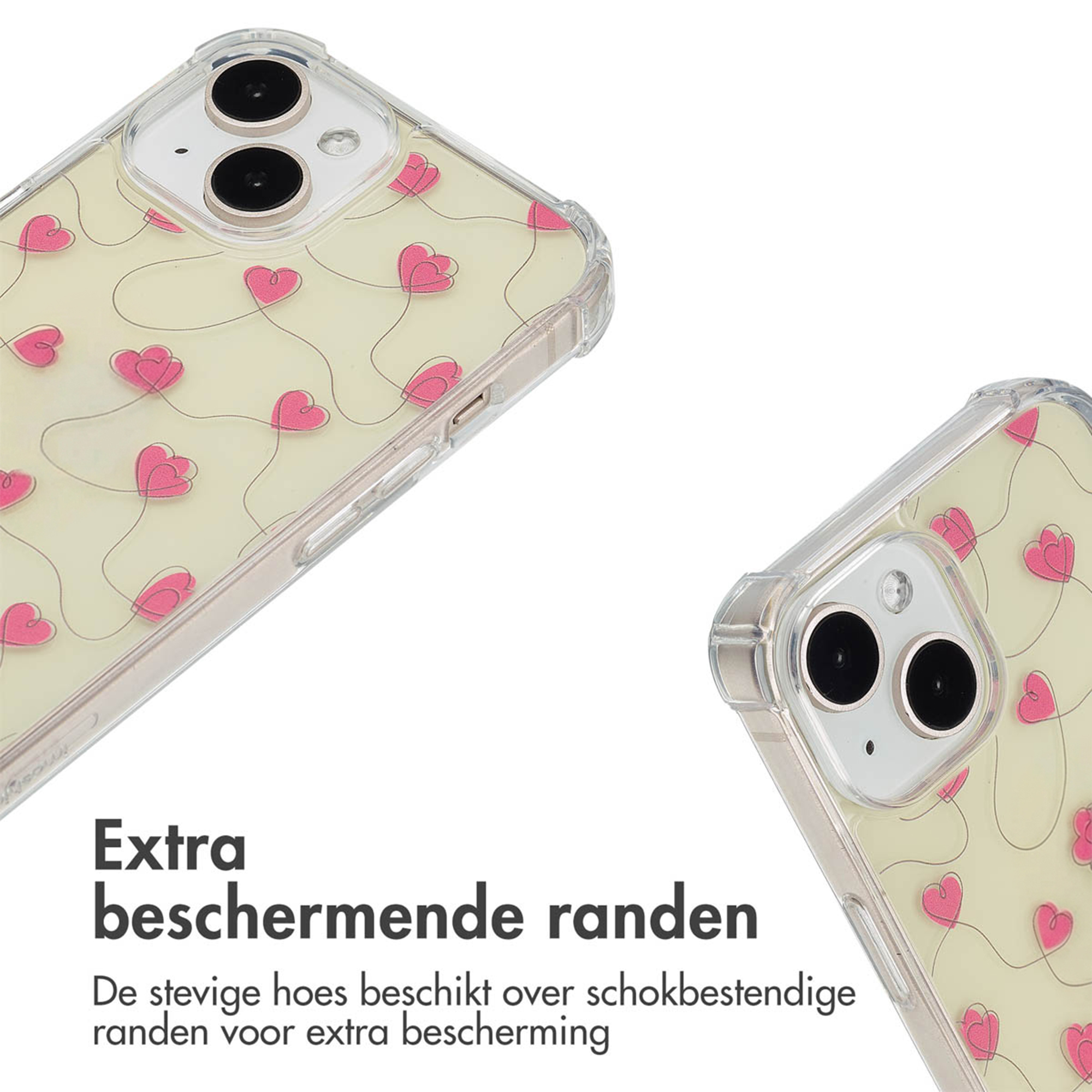 Clear phone case with pink hearts and protective edges.