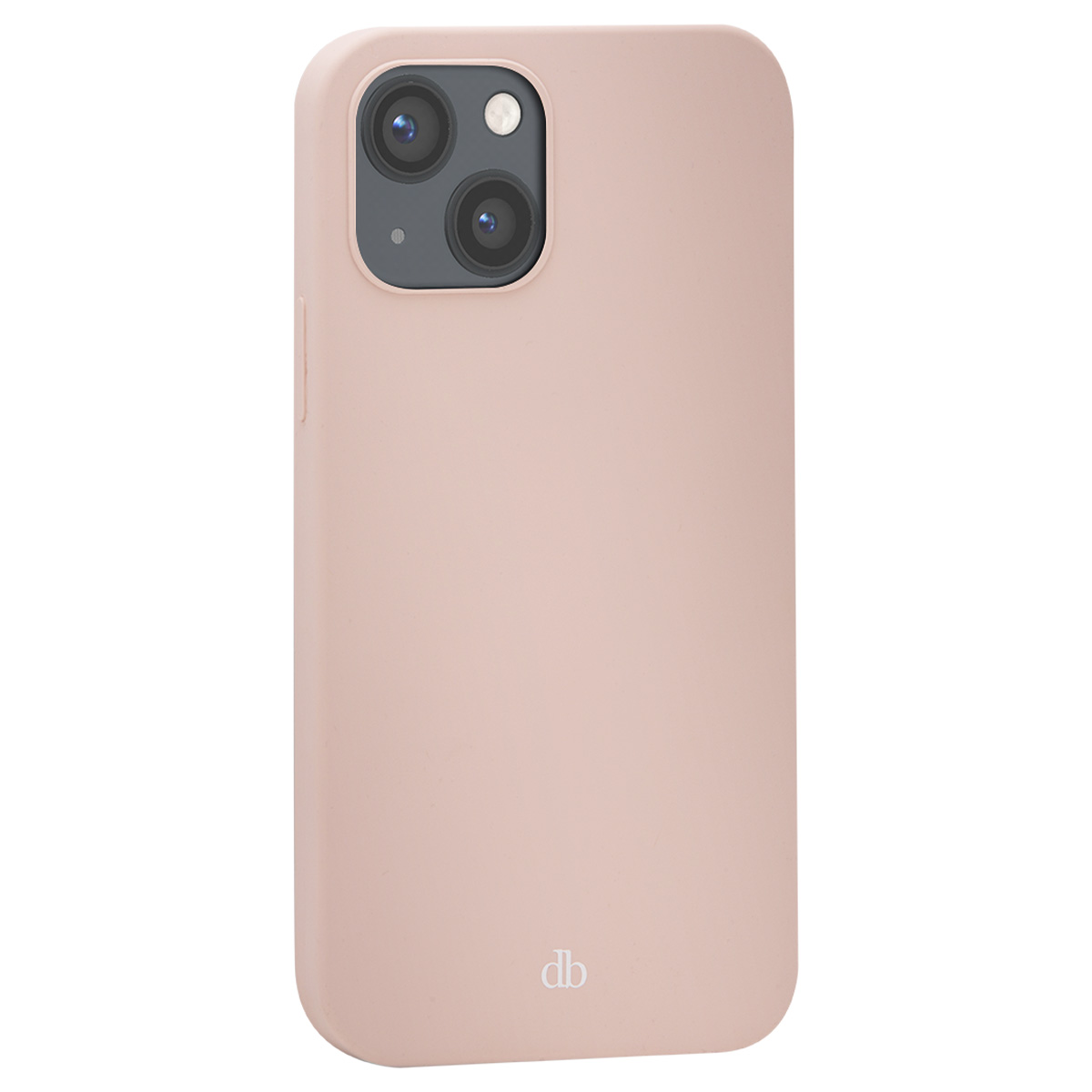 Una custodia per telefono rosa pallido con unità fotocamera e logo.