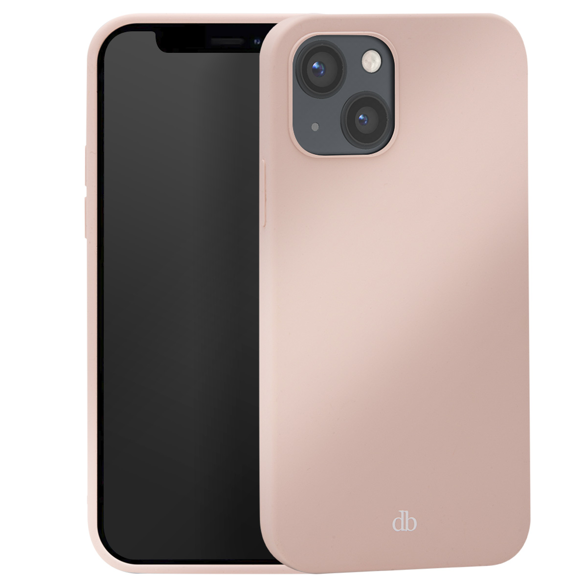 Una cover rosa chiaro copre parzialmente uno smartphone nero, mostrando la fotocamera.