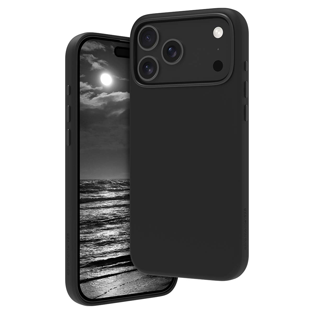 Custodia nera per telefono con tripla fotocamera e foto di mare in tempesta.