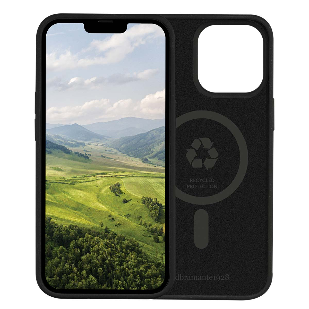 Custodia nera per iPhone con simbolo di riciclo e schermo paesaggistico.