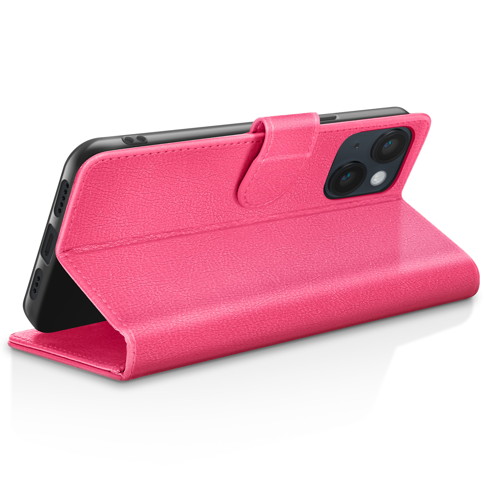 Una custodia in pelle rosa è aperta, mostrando il telefono e la sua doppia fotocamera.