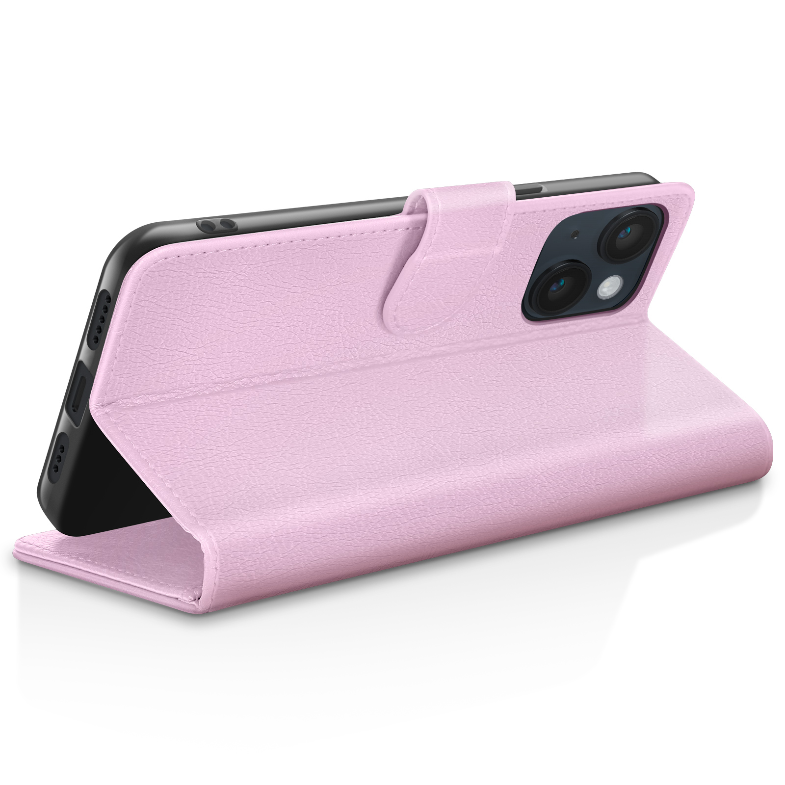 Una custodia rosa chiaro a flip per telefono che tiene uno smartphone con due fotocamere.