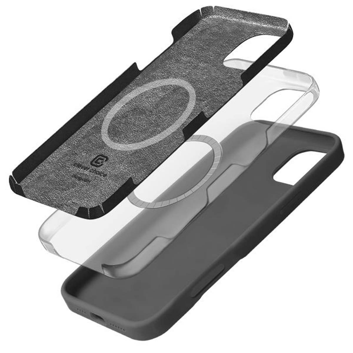 Vista esplosa di una custodia per telefono nera con inserto trasparente e anello magnetico.