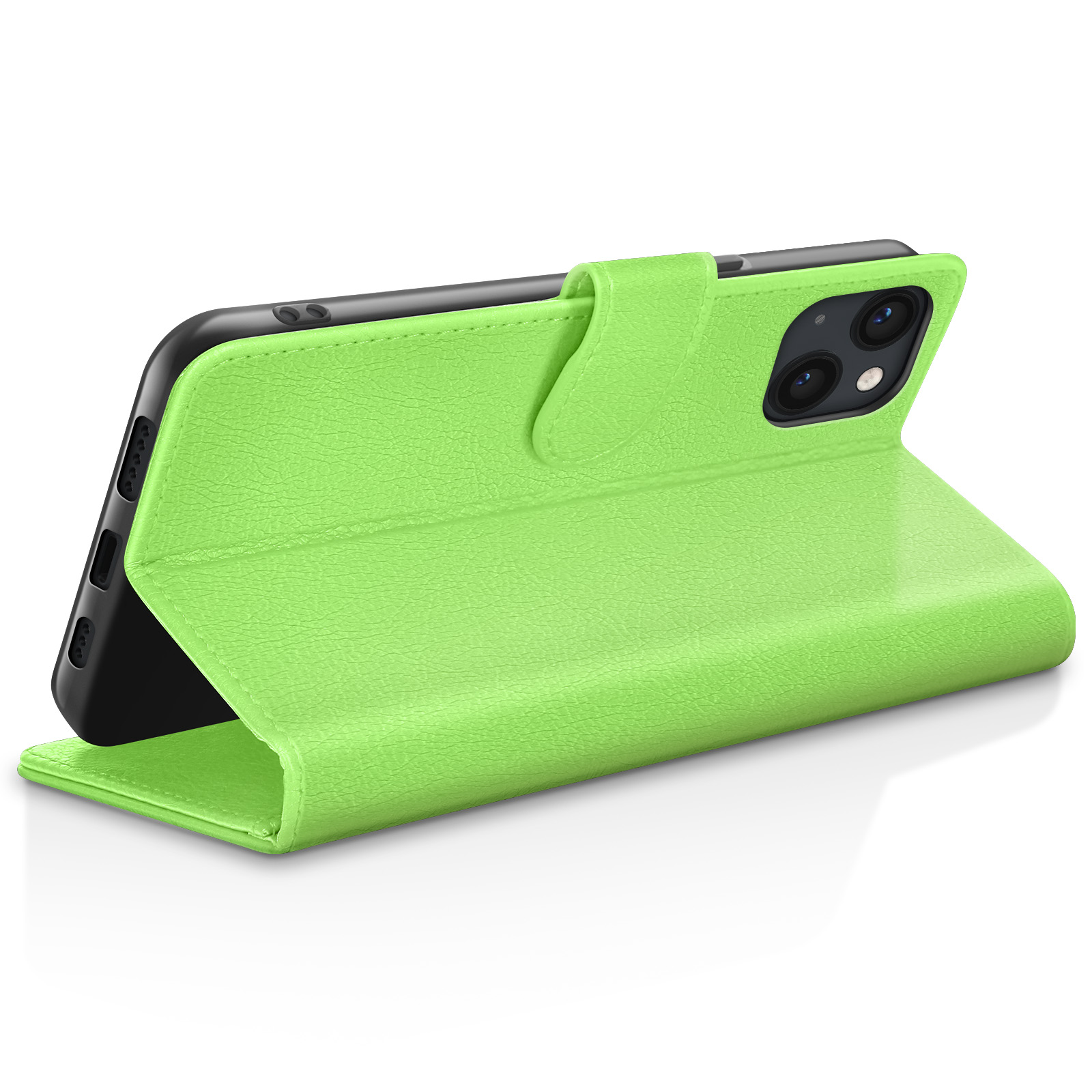 Una custodia a flip verde lime con un telefono all'interno.
