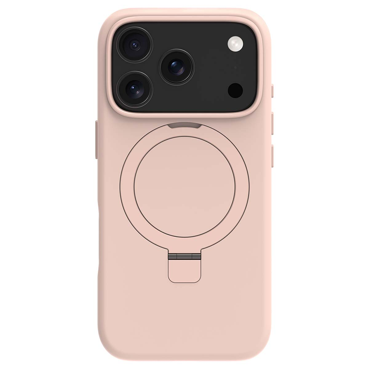 Una cover rosa per telefono con modulo fotocamera nero e ritaglio circolare.