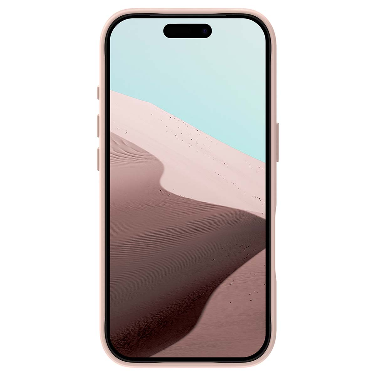 Un telefono rosa che mostra un paesaggio di dune desertiche con cielo azzurro chiaro.