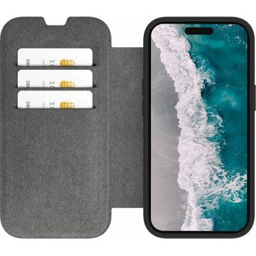 Graue Handyhülle mit drei Kartenfächern und einem Smartphone mit Wellenmotiv.